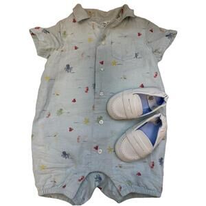 Janie and Jack Baby Sea Life Linen Cotton Romper Size 6-12 Months Blue Crib Shoe